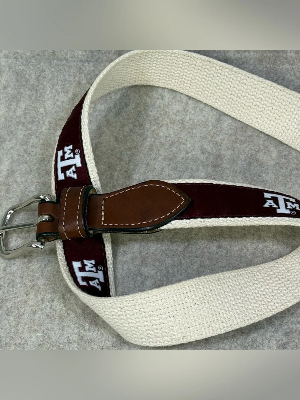 Texas A&M Brown Leather Belt with Maroon A&M Logo detail and Silver Buckle Sz 26